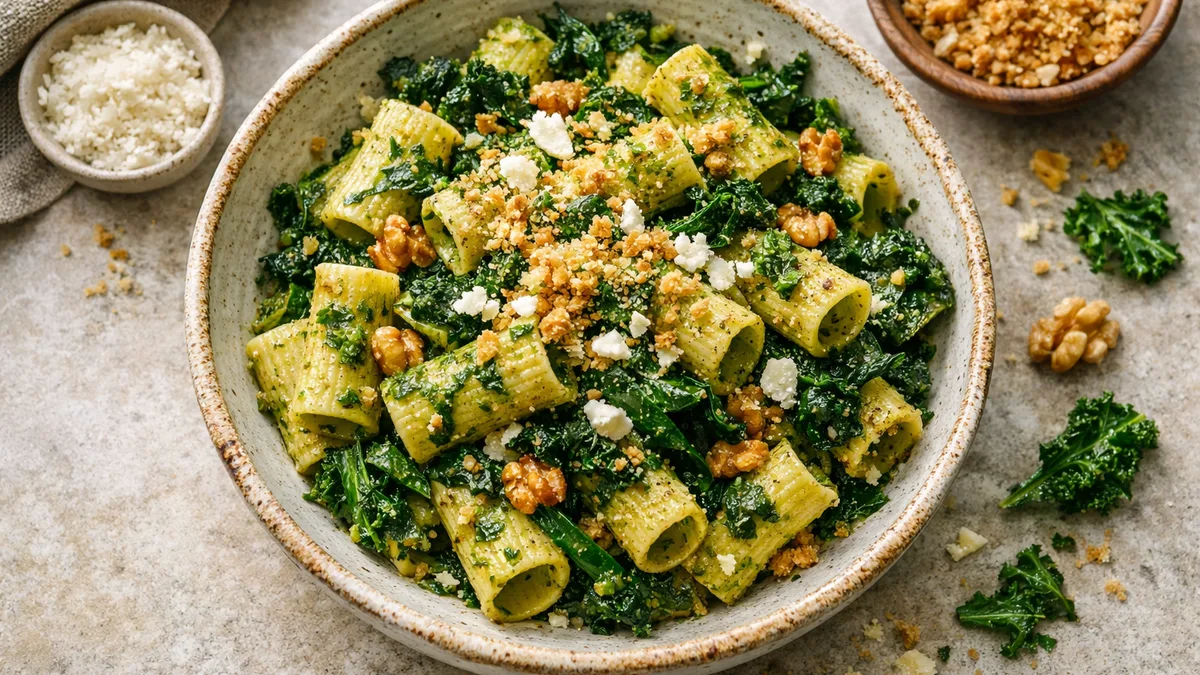 Rigatoni, pesto de chou kale & pecorino