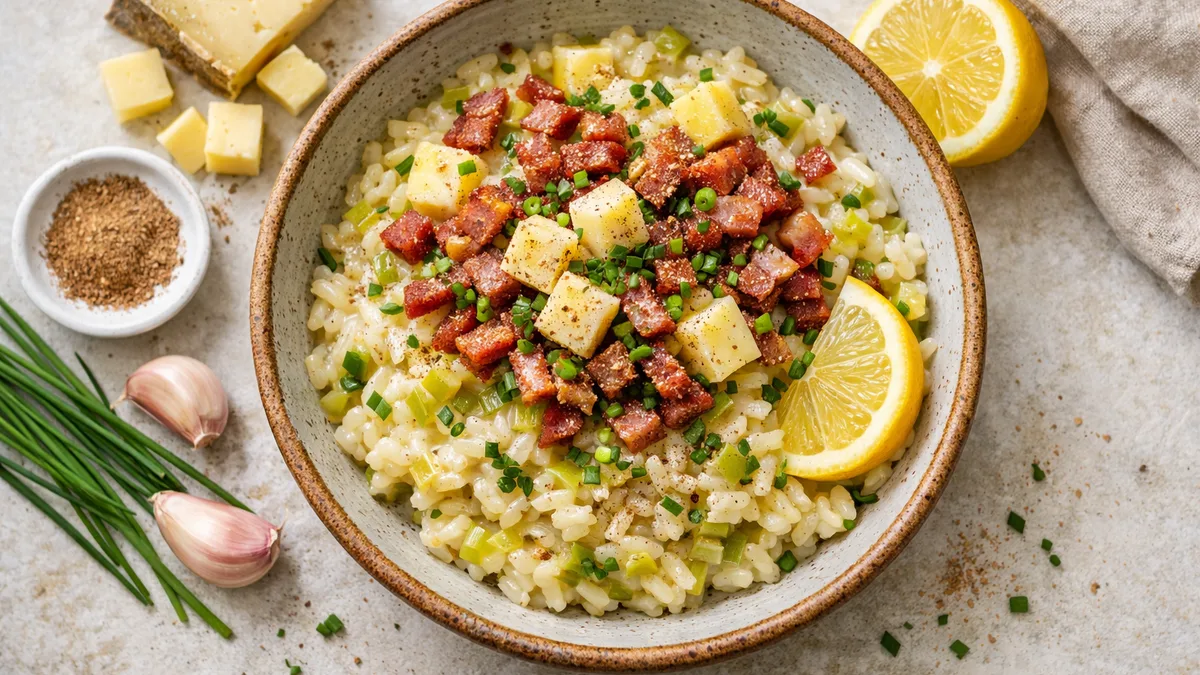 Risotto aux lardons, poireau & cantal AOP