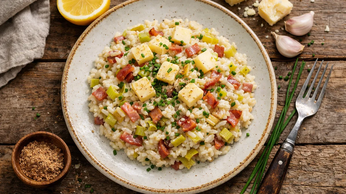 Risotto tendre aux lardons, poireau & cantal