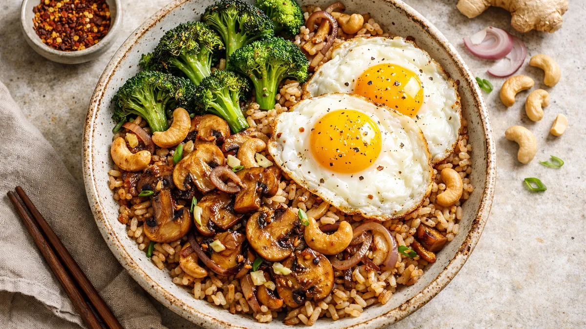 Riz et champignons blonds dans une sauce soja sucrée