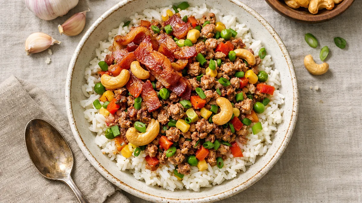 Riz au hachis de porc, légumes et lard croustillant