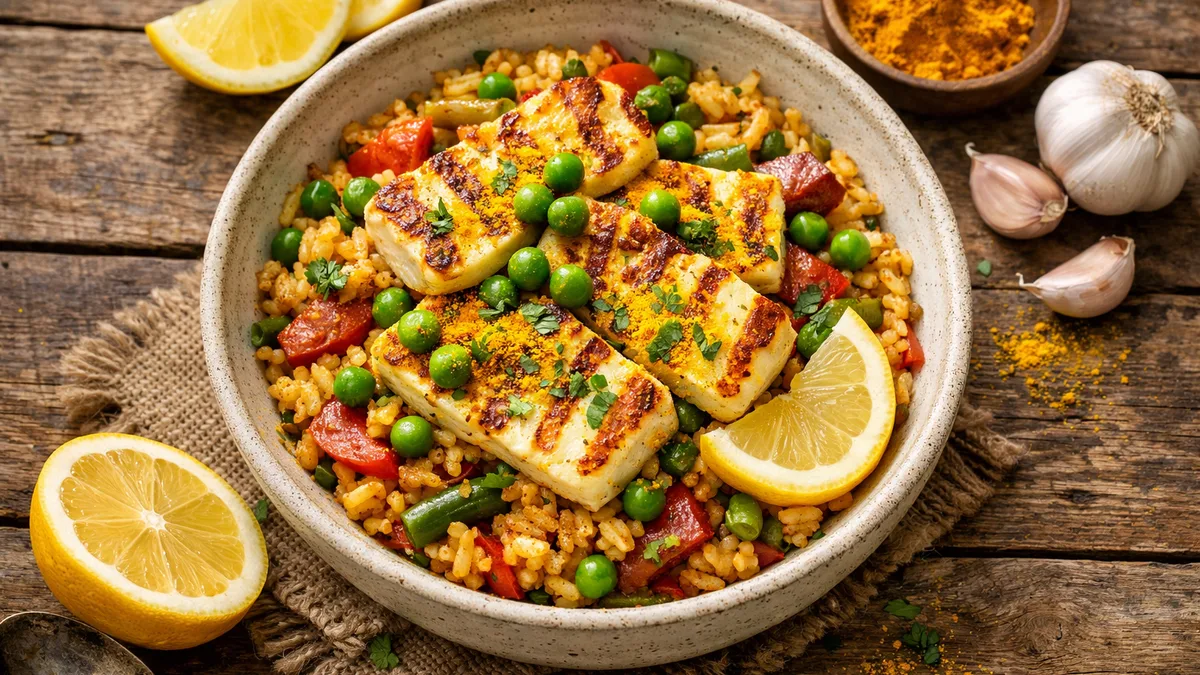 Riz aux légumes façon paëlla & halloumi