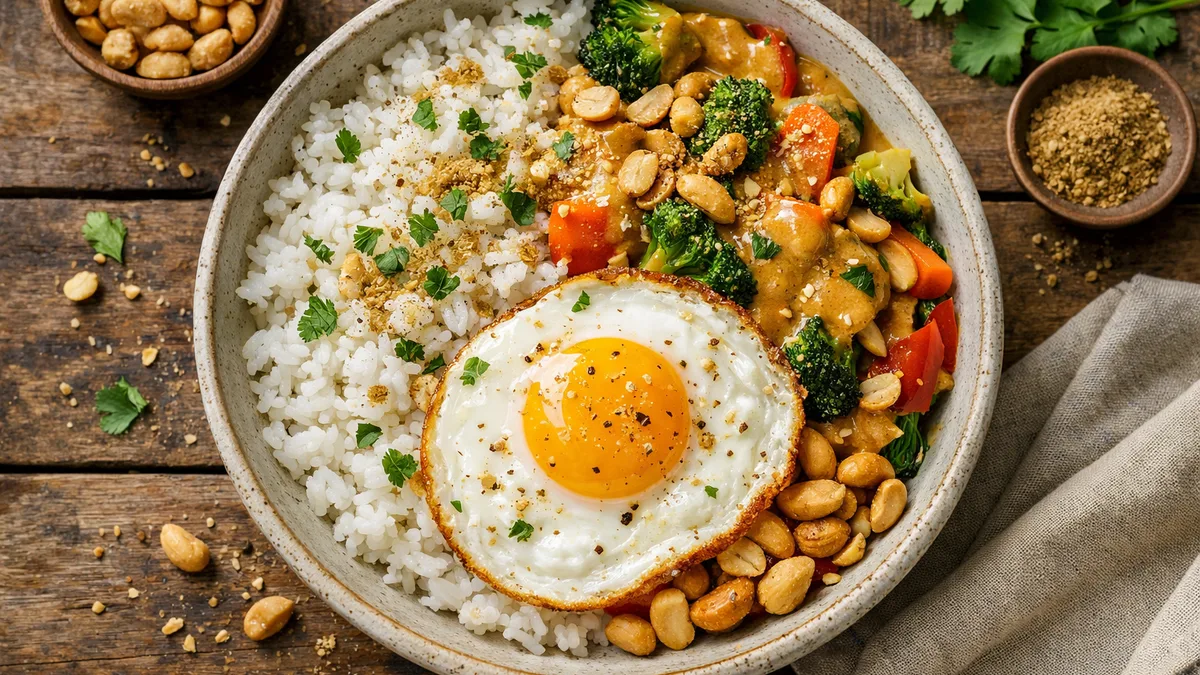 Riz à la noix de coco, sauce aux cacahuètes et légumes à l'étuvée