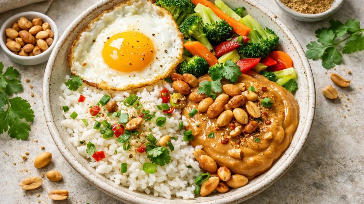 Riz à la noix de coco, sauce aux cachuètes et légumes à l'étuvée