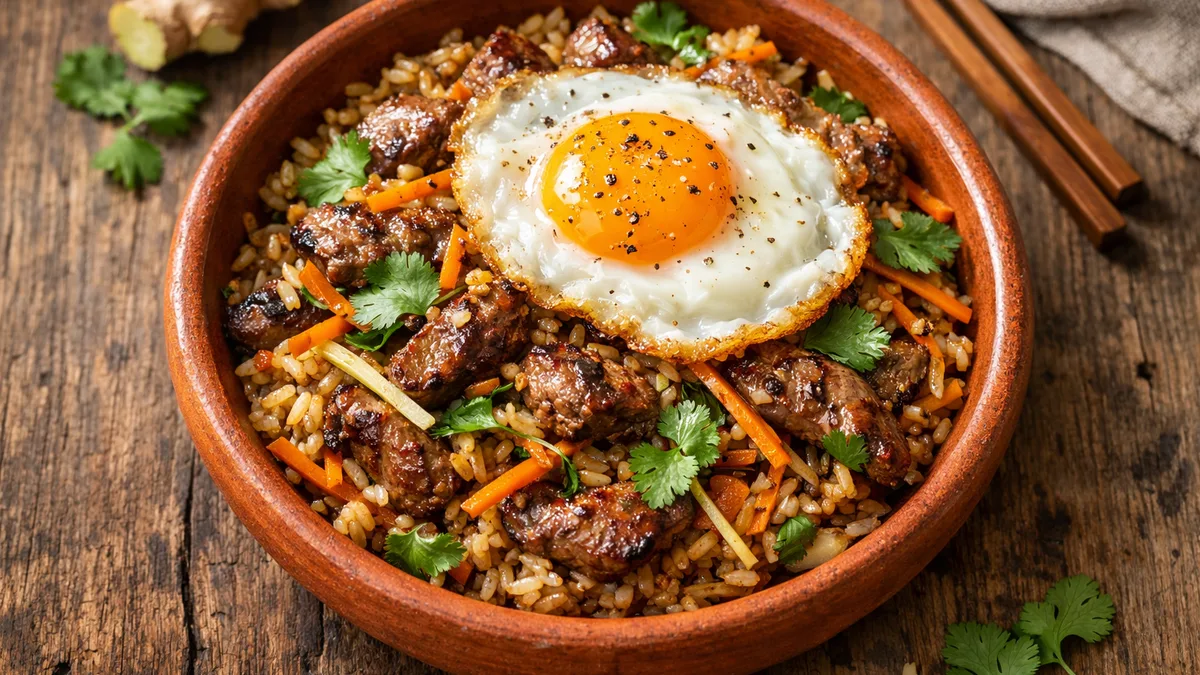 Riz sauté au bœuf mariné et coriandre