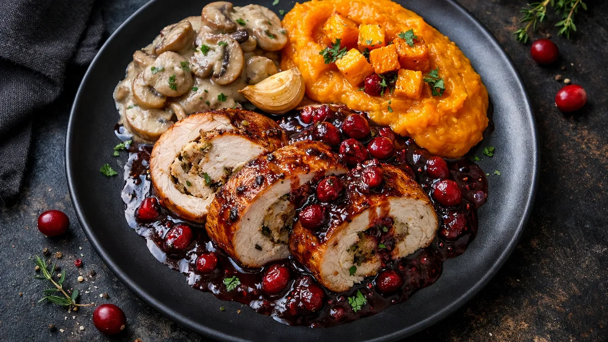 Roulade de dinde, sauce canneberges-balsamique