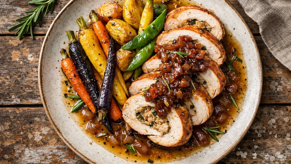 Roulade de dinde servie avec des carottes, pommes de terre et mange-tout