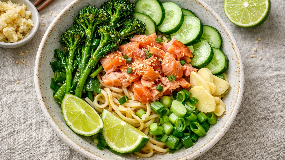 Salad bowl de nouilles au saumon fumé à chaud