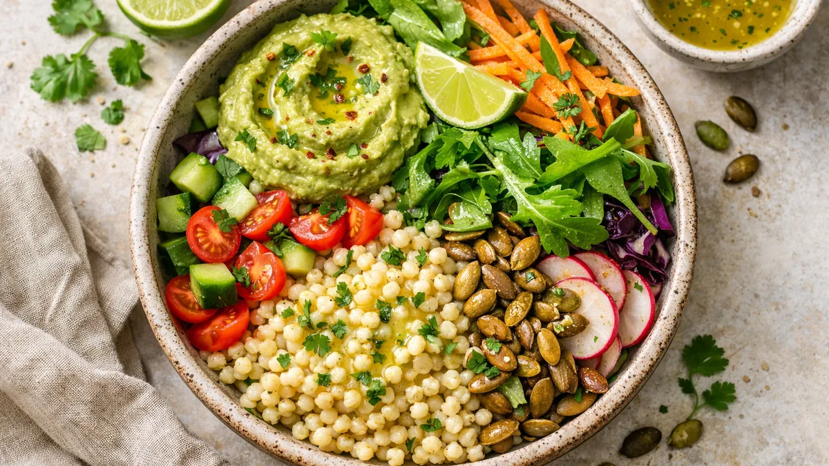 Salade de couscous perlé, crudités & dip d'avocat