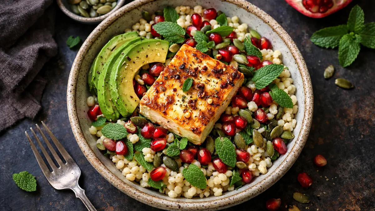 Salade couscous perlé, feta rôtie & grenade