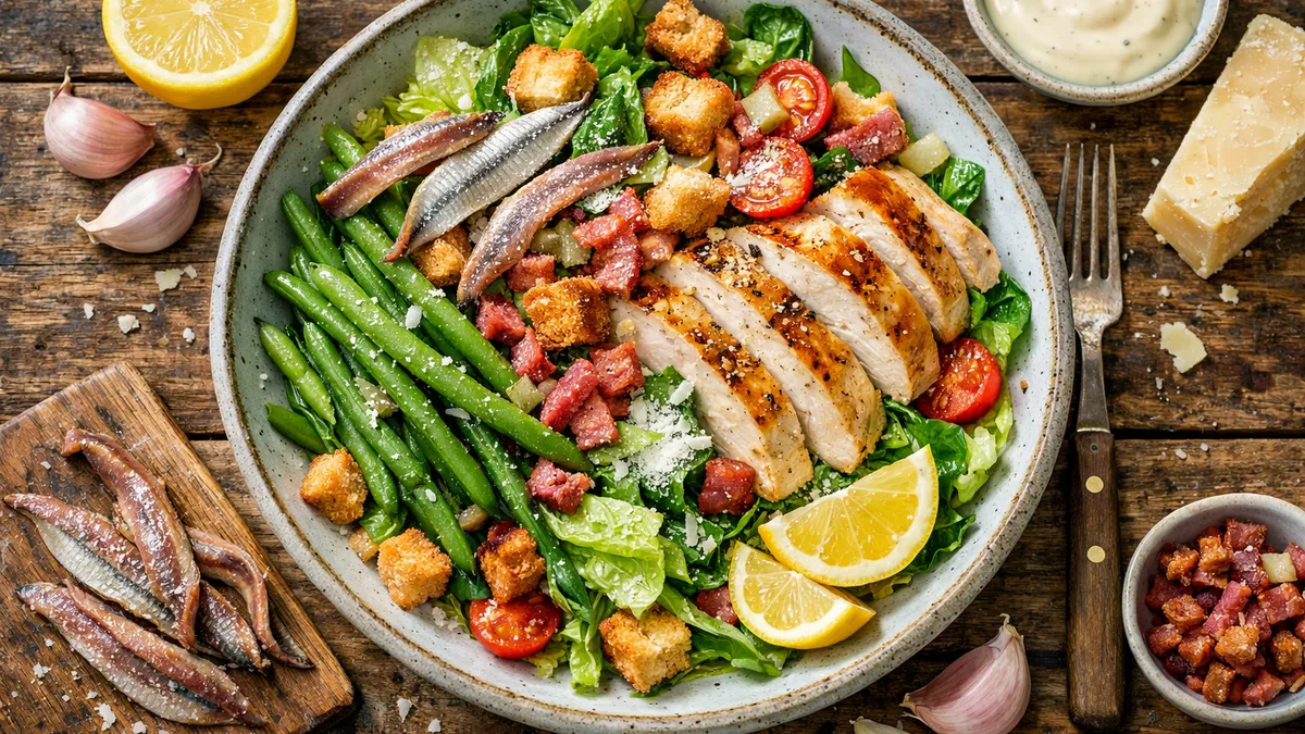 Salade César au poulet, lardons & croûtons