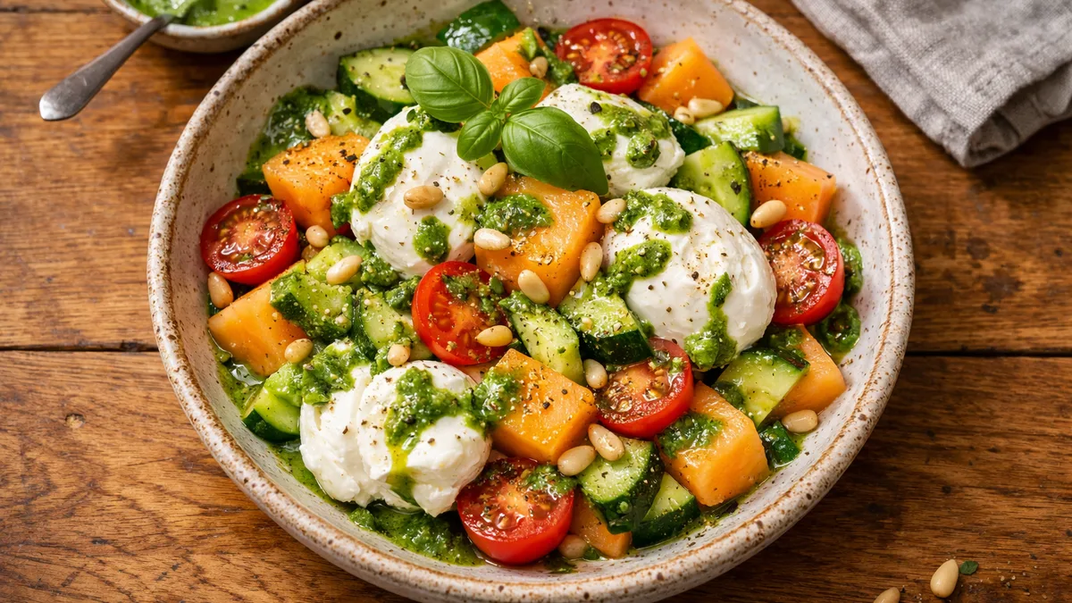 Salade fraîche à la mozza, tomate & melon