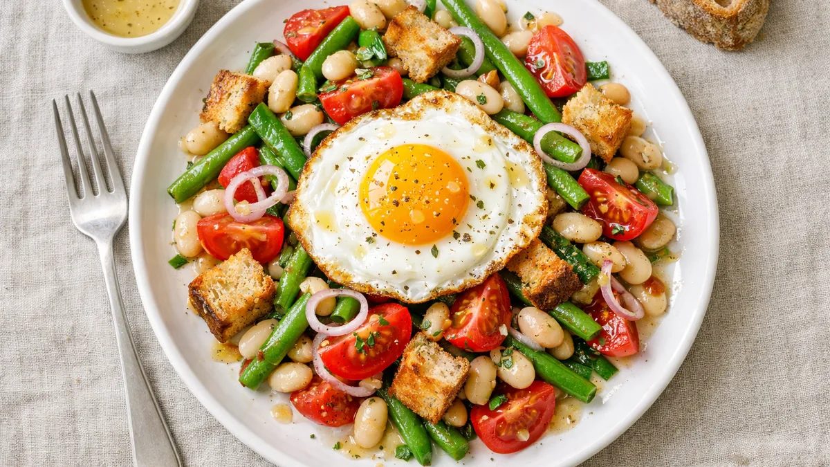 Salade de haricots, croûtons et œuf au plat