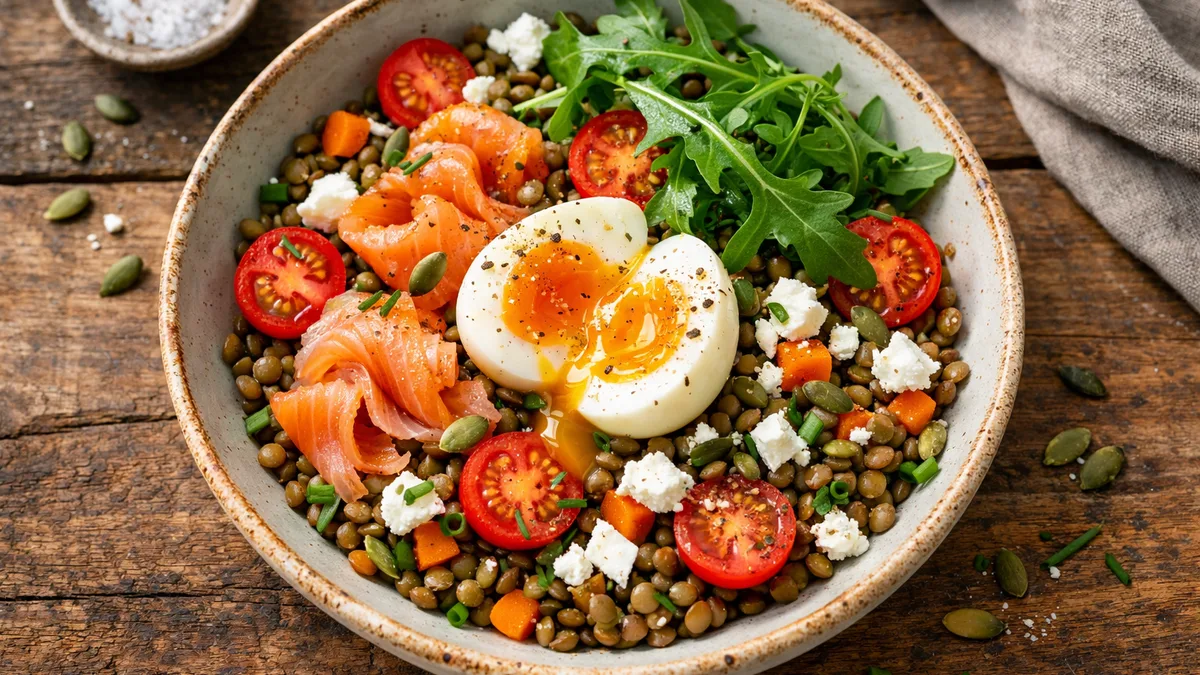 Salade de lentilles, saumon fumé et roquette