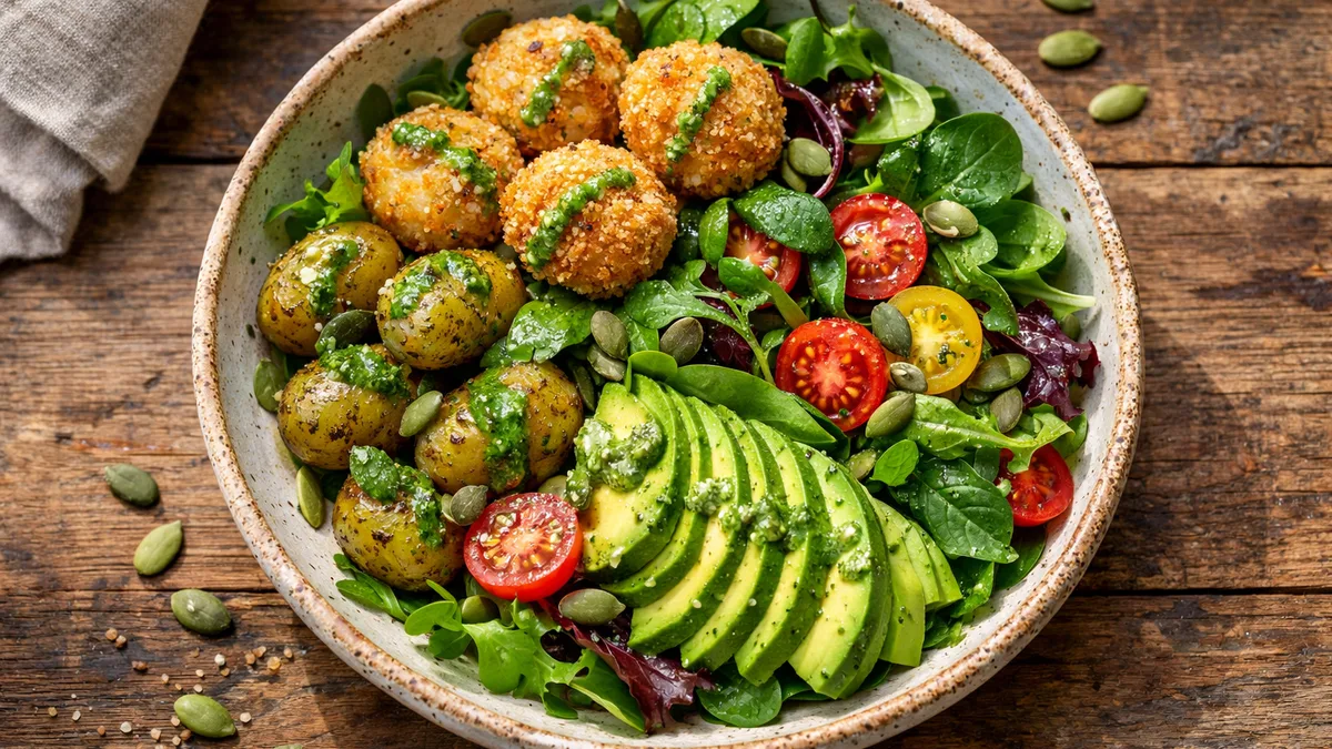 Salade mozza panée & grenailles au basilic