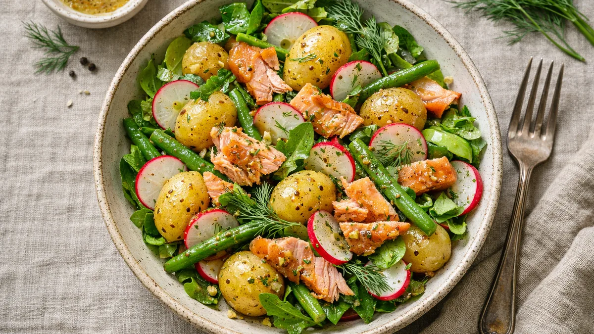 Salade de pommes de terre et truite fumée