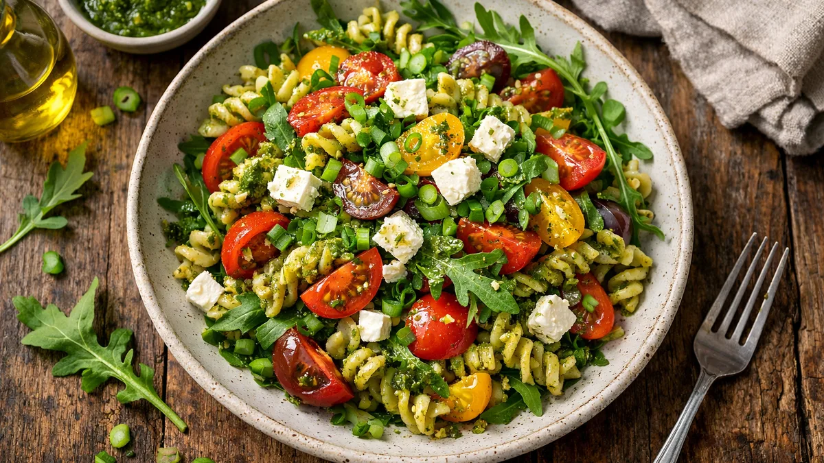 Salade de pâtes, tomates colorées et feta
