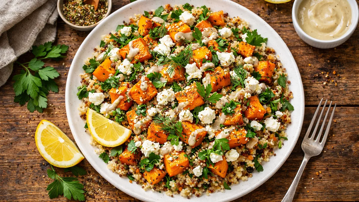 Salade de quinoa, courge rôtie & tahini
