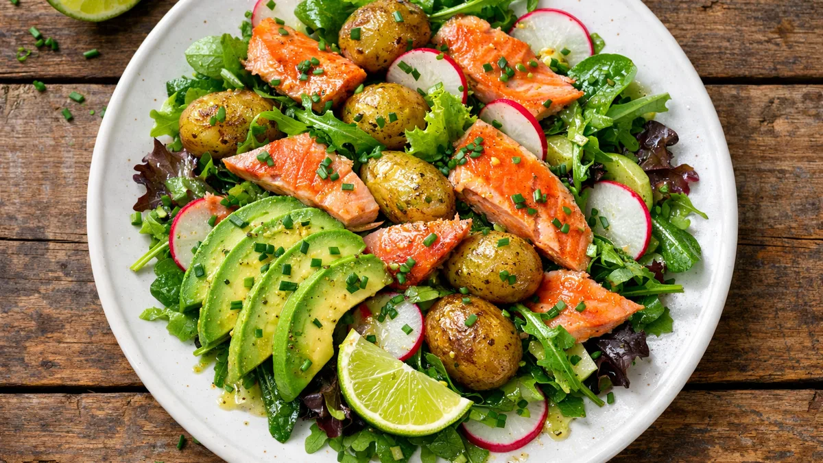 Salade de truite fumée, avocat et grenailles