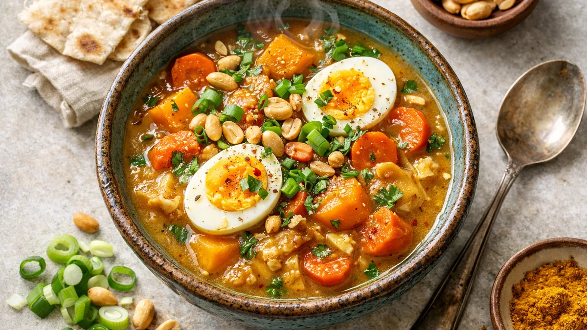 Soupe de courge et de cacahuètes aux œufs