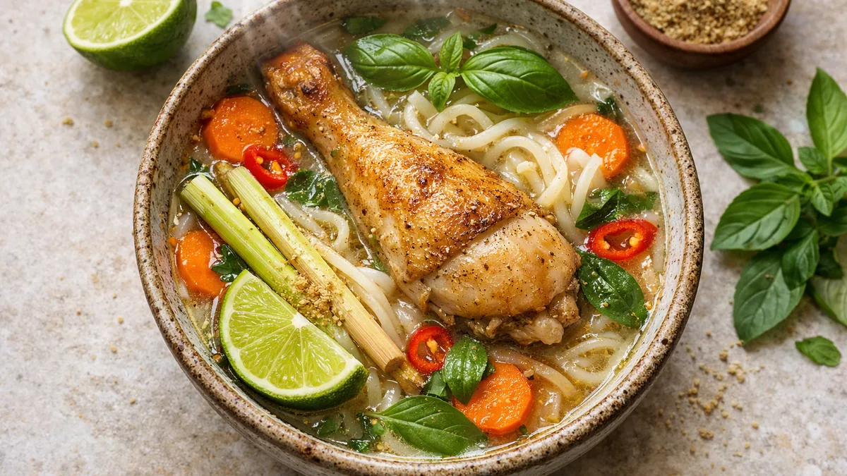 Soupe de nouilles à la noix de coco et à la cuisse de poulet