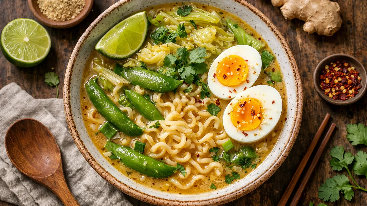 Soupe de nouilles à la noix de coco et aux sugar snaps