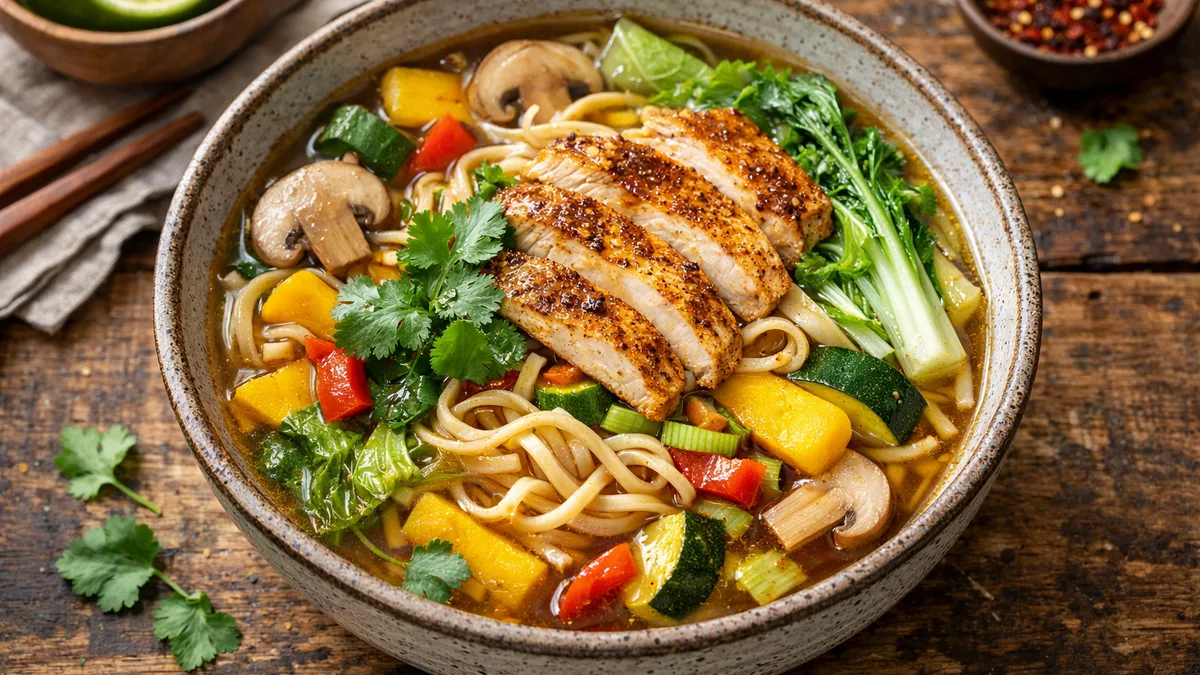 Soupe de nouilles à la thaïlandaise au poulet et à la carotte jaune