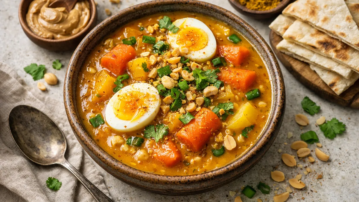 Soupe de potiron et de cacahuètes aux œufs