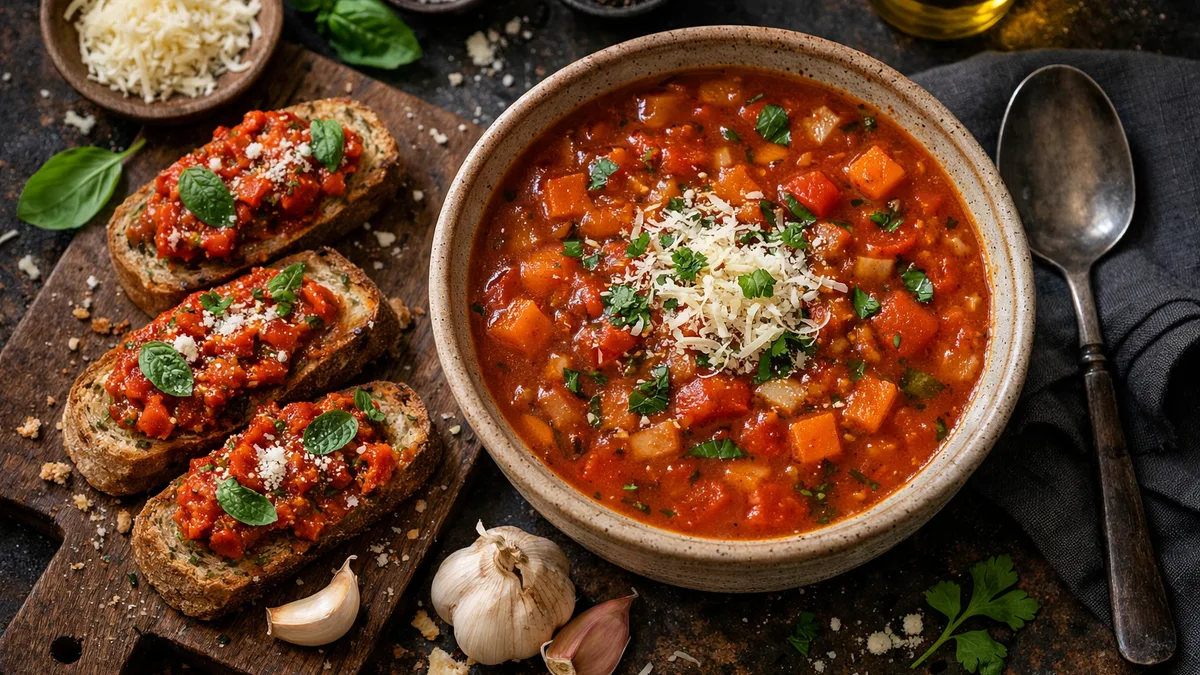 Soupe de tomate et bruschettas au pesto de poivron