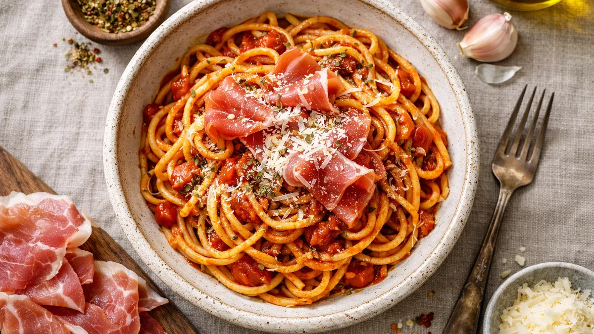 Spaghetti, pesto rosso & jambon sec