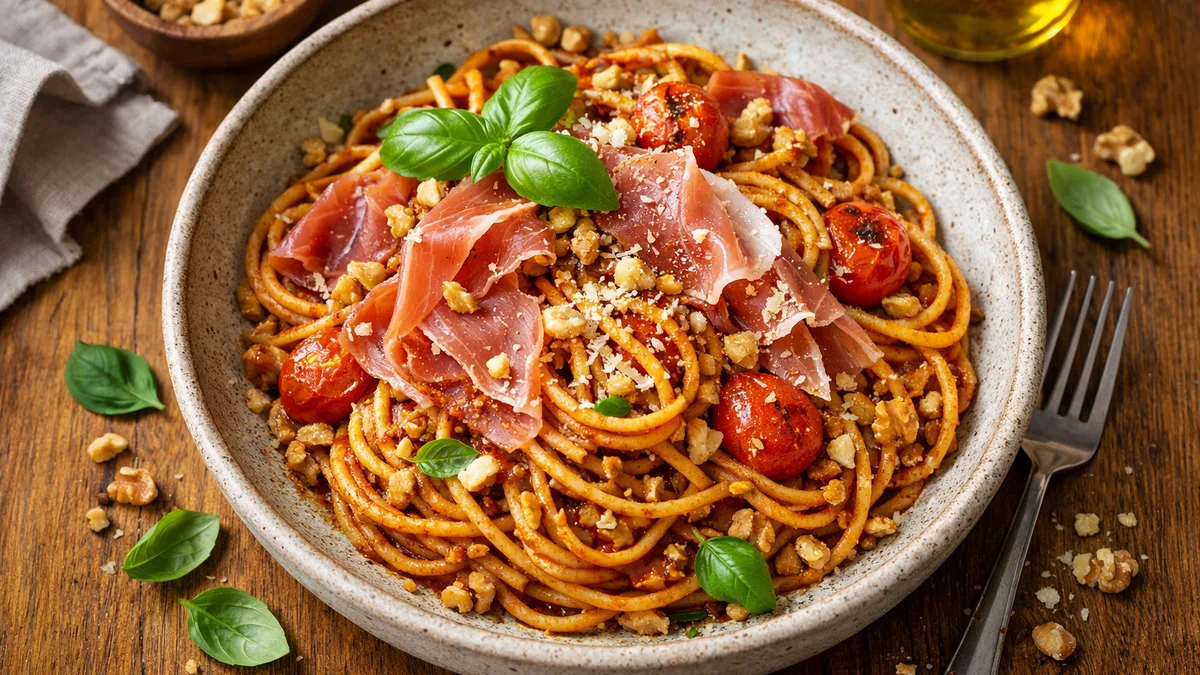 Spaghetti, pesto rosso & jambon sec