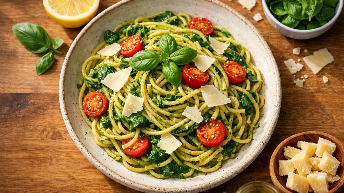 Spaghetti & pesto d’épinards maison