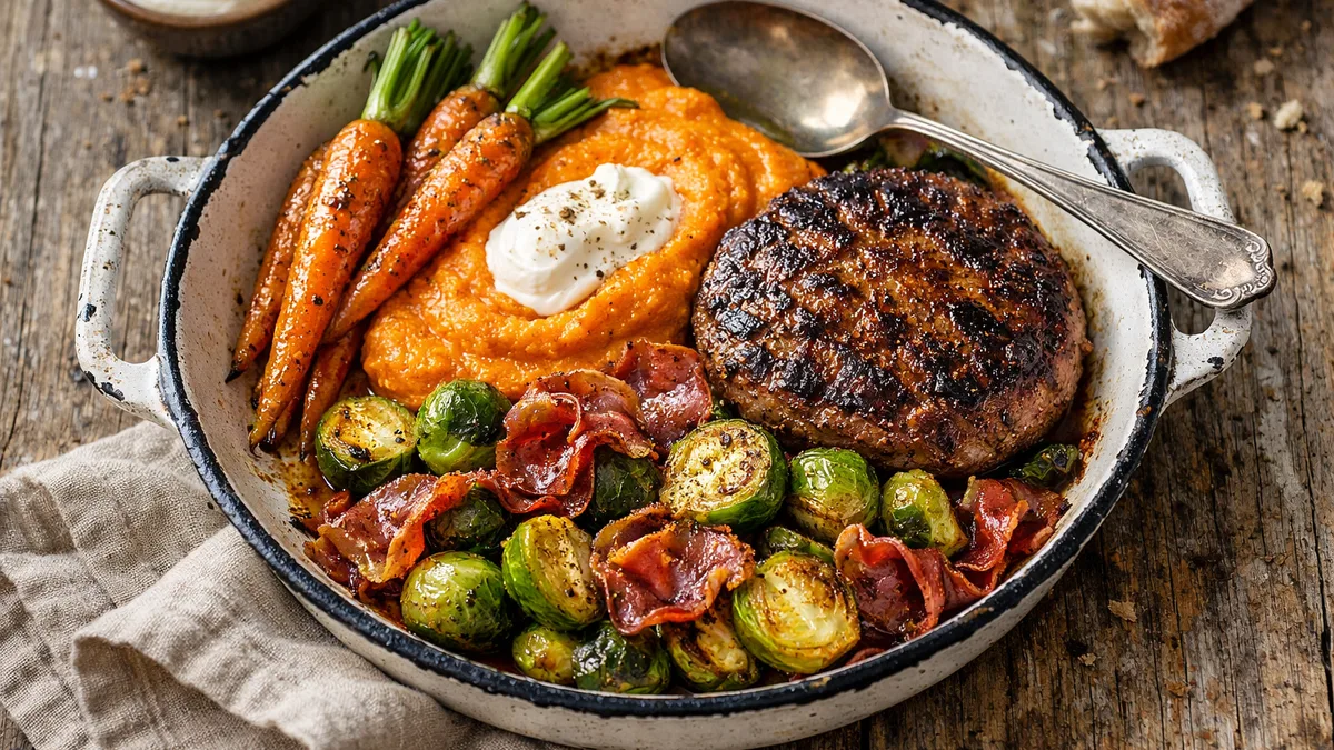 Steak haché, poêlée de choux de Bruxelles & coppa