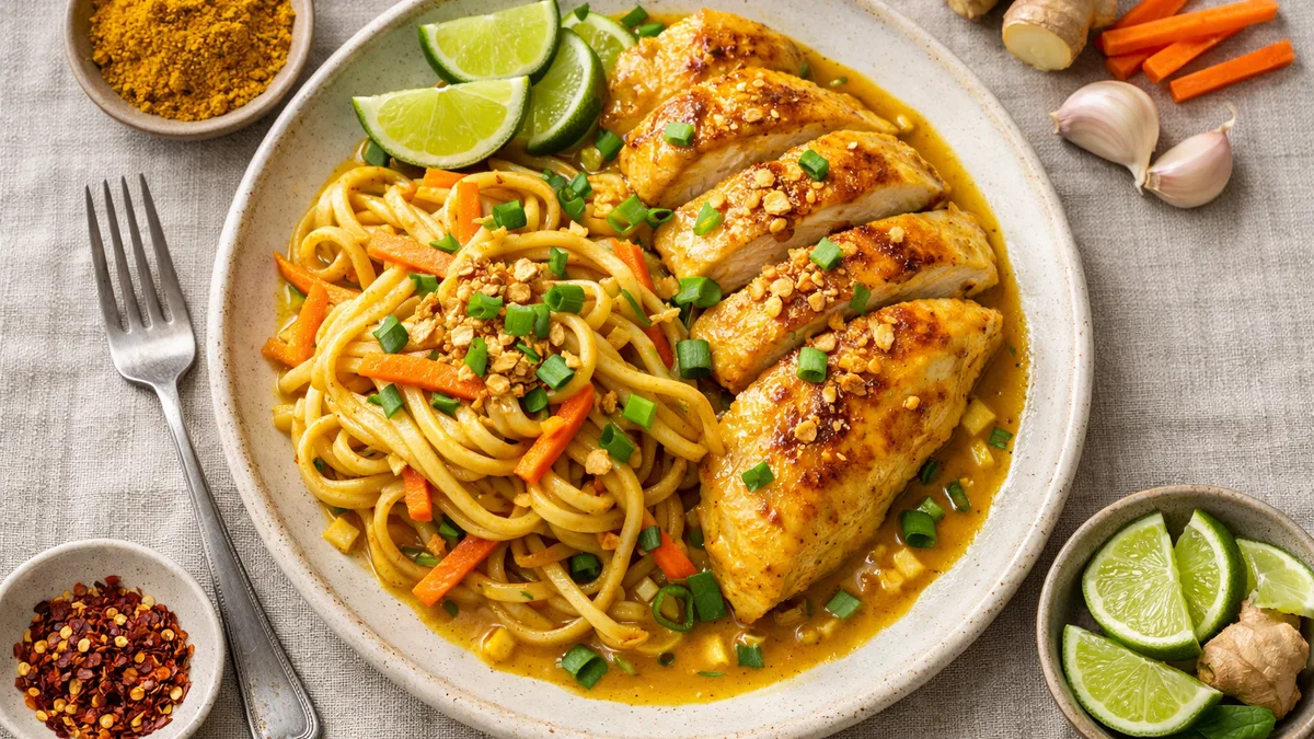 Sunny curry au poulet, nouilles & coco