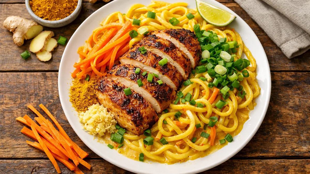 Sunny curry au poulet, nouilles & coco