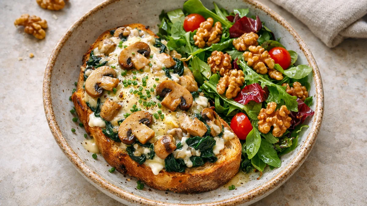 Tartine champignons, épinards & gouda