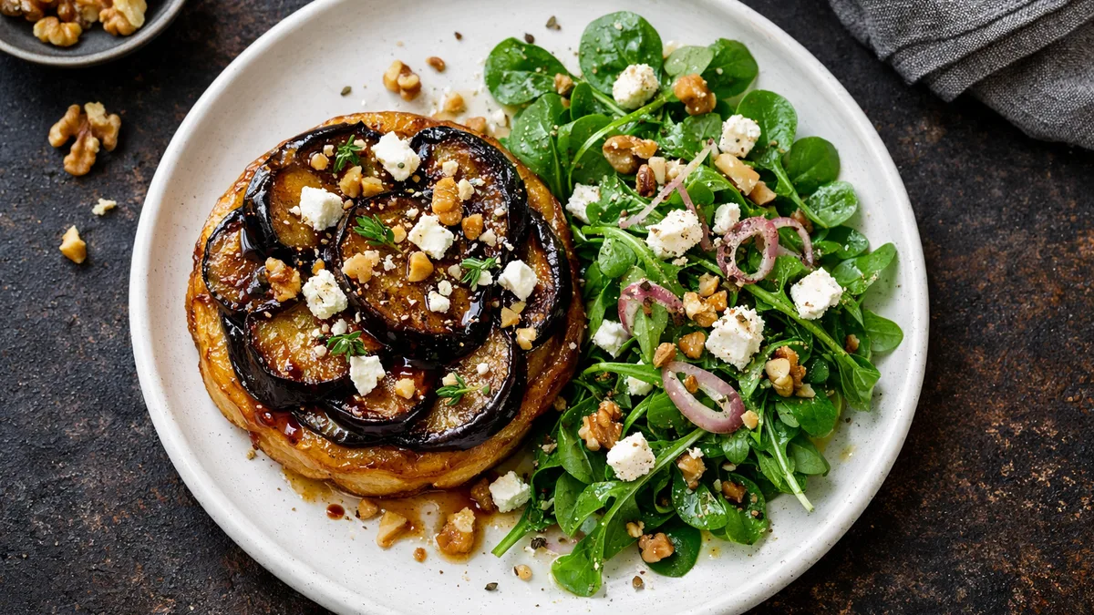 Tatin d'aubergines & salade de roquette mâche à l'échalote