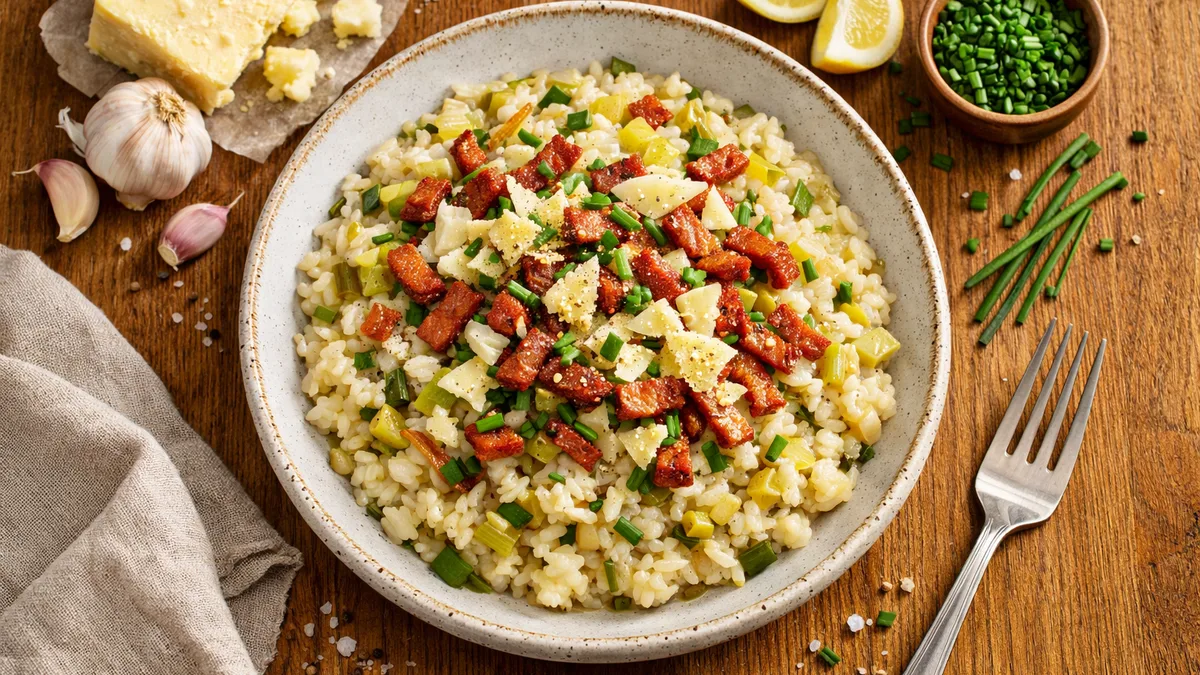 Le Végé : Risotto poireau & lardons végétaux