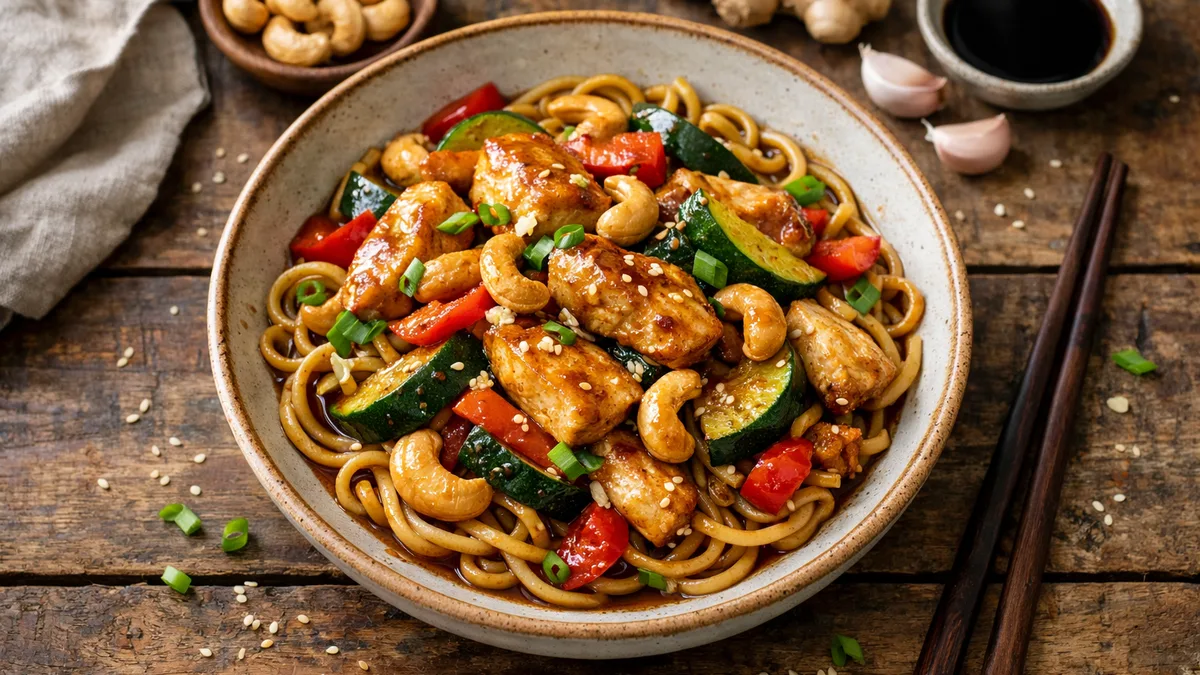 Wok de nouilles au poulet & noix de cajou