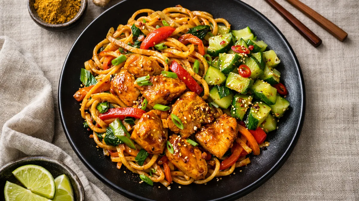 Wok de nouilles au poulet épicé façon bicol