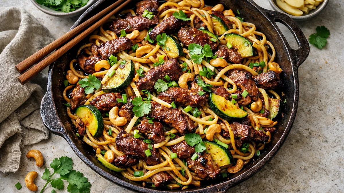 Wok de nouilles sautées au bœuf mariné