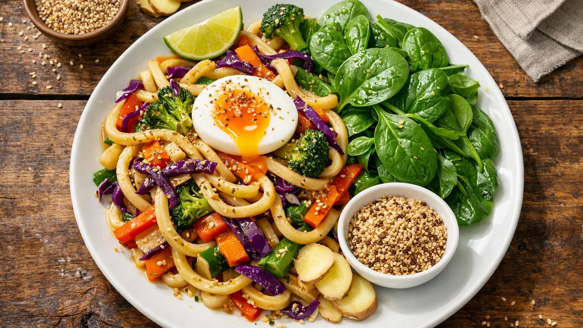 Wok de nouilles udon aux légumes & gomasio