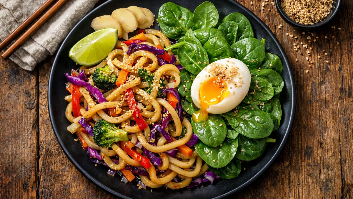 Wok de nouilles udon aux légumes & gomasio