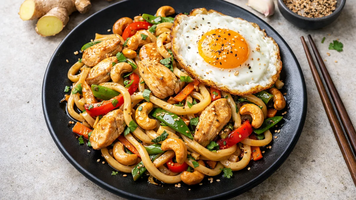 Wok de nouilles udon au poulet
