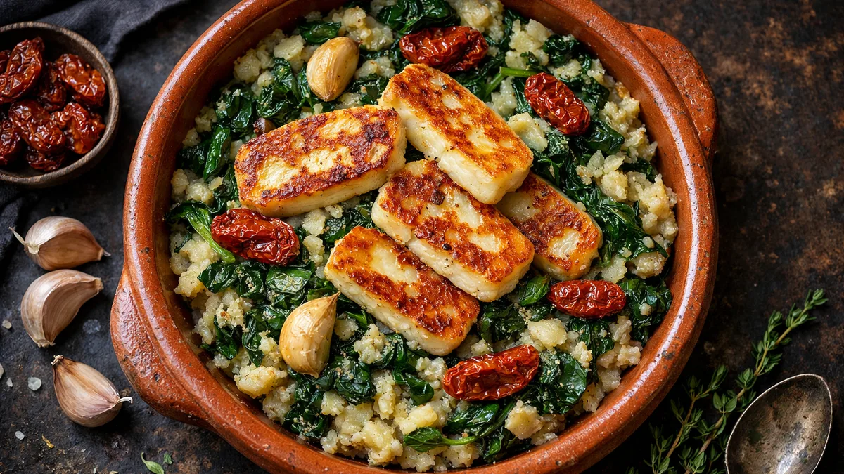 Écrasé de topinambour & épinards au halloumi poêlé